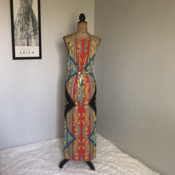 Roz & Ali Printed Maxi Dress with attached gold chain belt Sz 4 - Picture 11 of 15